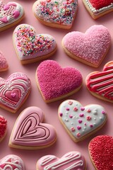 Fototapeta premium Vibrant flat lay of heart-shaped Valentine's Day cookies on a soft pink background, decorated with colorful icing, sprinkles, and intricate patterns.