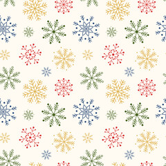 Colorful snowflake seamless pattern on beige background. Elegant winter design with snowflakes. Perfect for Christmas wrapping paper, greeting cards, textile, and festive decor.