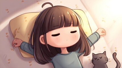 A cozy illustration of a sleeping girl with her cat nearby,bathed in soft light.
