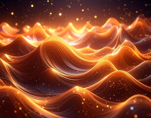 Abstract image showcasing glowing, flowing lines resembling molten waves and floating particles