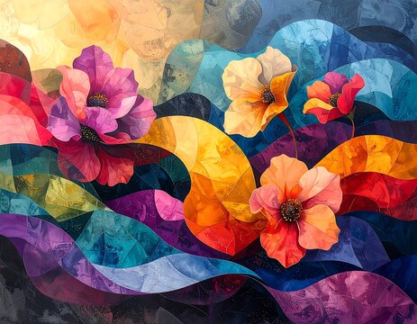 Vivid floral abstract painting with colorful flower blooms and layered shapes