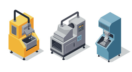 Industrial isometric machinery set featuring modern manufacturing equipment