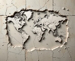 Obraz premium World map relief sculpture with cracked surface texture.