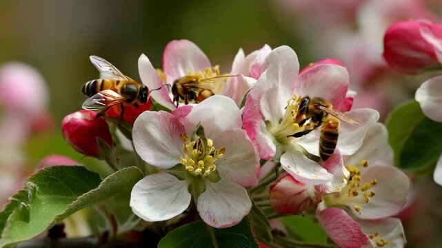 Closeup medium shot of bees actively pollinating vibrant apple blossoms showcasing natures vital role in fruit production.