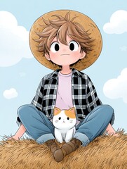 A young boy in a straw hat and plaid shirt sits on a haystack with a small cat.