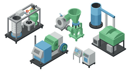 Obraz premium Industrial machinery in isometric design: modern manufacturing equipment set