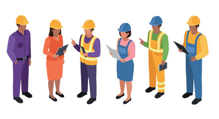 Obraz premium Isometric construction workers in uniforms discussing projects