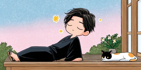 Chibi Style Relaxation Scene with Cat