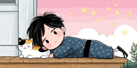 Chibi-style illustration of a boy in yukata resting with a calico cat against a pink,starry background.