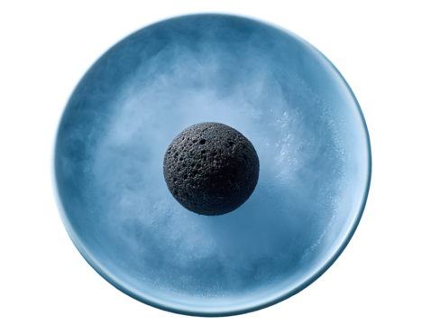 Mysterious dark sphere suspended in swirling blue mist and water creating an intriguing abstract composition isolated on transparent background”