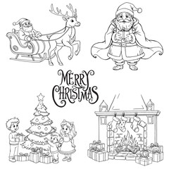 A set of Christmas illustrations. Santa Claus, reindeer, fireplace, Christmas tree, children, toys, lettering. Illustration on a white background for holiday design. Suitable for coloring books.