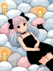 Anime Girl with Pink Hair and Black Cat Amidst Soft,Cloud-like Forms with Candles
