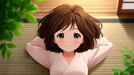 Anime Girl Relaxing Indoors on Tatami Mat