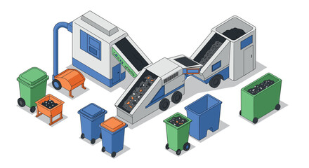 Isometric waste recycling plant with conveyor and bins