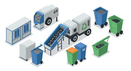 Fototapeta premium Isometric recycling equipment set featuring trucks and bins