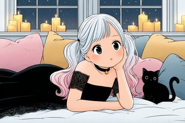 A young girl with white/pink hair,a black cat,and candles by a window at night.
