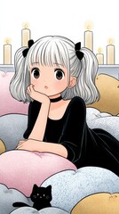 Anime Girl with White Hair Resting Among Pillows with Candles and a Black Cat