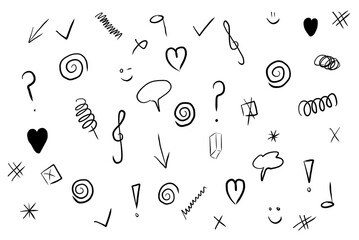 Eine Seite mit verschiedenen gekritzelten grafischen Elementen in Schwarz. 