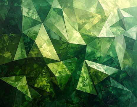 Abstract geometric mosaic of green triangles, creating a crystalline, textured effect