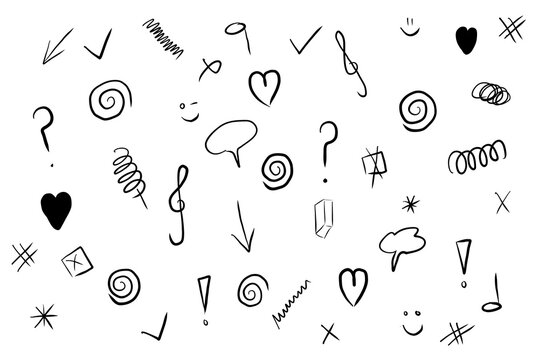 Eine Seite mit verschiedenen gekritzelten grafischen Elementen in Schwarz. 