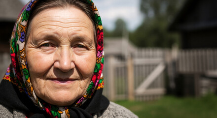 Obraz premium Smiling senior woman with a traditional floral headscarf outdoors. Close-up portrait of an elderly grandmother in a rural village
