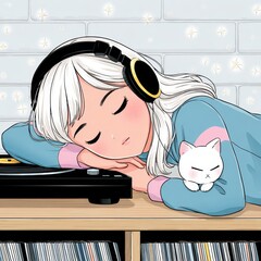 Sleeping Anime Girl with Headphones and White Cat on Record Player Table