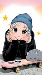 A cute anime girl in a beanie resting her head on her hands next to a sleeping cat on a pink skateboard.