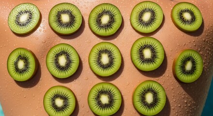 Fototapeta premium Sliced Kiwis Arranged on a Wet Human Back in Sunlight fruit