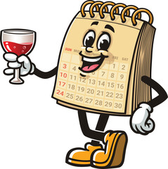 Cartoon mascot of calendar holding a glass of drink