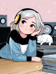 Anime-style girl with headphones,resting her chin on her hand while a cat sleeps on vinyl records.
