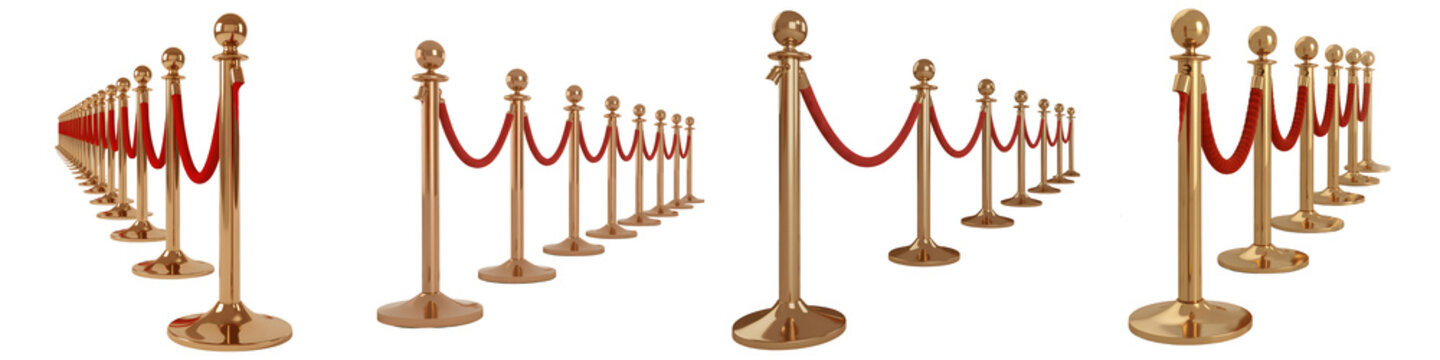 Four Elegant golden stanchions with red velvet ropes  isolated on a  transparent background	