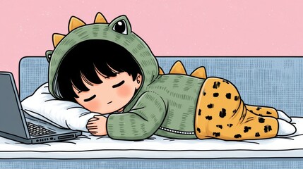 Child Sleeping in Dinosaur Pajamas Next to a Laptop