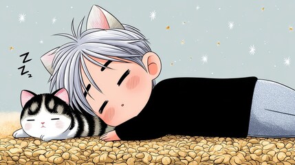 A person with cat ears and a cat sleeping soundly on a bed of beans.
