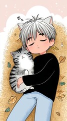 Anime-style illustration of a boy with white hair and cat ears sleeping with a tabby cat.