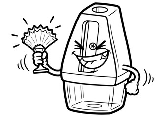 A happy pencil sharpener mascot holding a trophy. A 