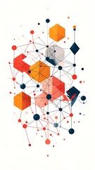 Abstract geometric shapes in orange, red, and navy blue connected by thin lines