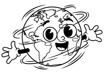 A happy, spinning planet Earth mascot. Black and white retro cartoon vector illustration for a logo, coloring book, or Earth Day design.