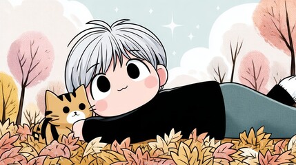 Chibi Character and Cat Enjoying Autumn Outdoors