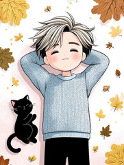 Chibi-style character relaxing with a black cat amidst autumn leaves.
