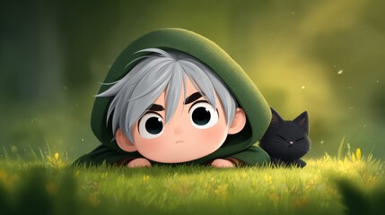 Chibi-style boy in a green hood with a black kitten in a grassy,sunlit environment.