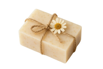 A close-up shot of a soap bar wrapped with a string and decorated with a daisy