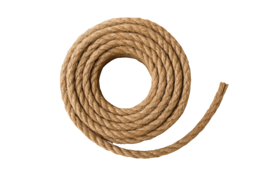 Coiled rope on a neutral surface, showcasing its texture and form
