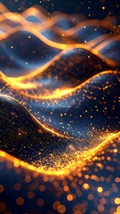 Abstract image with glowing golden waves on a deep blue background, with bokeh effect