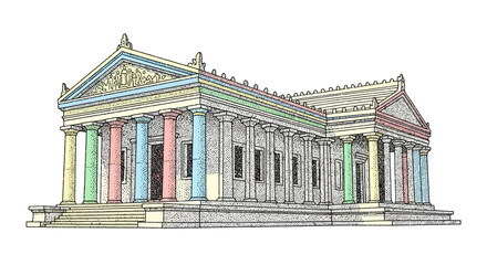 Ancient Greek Temple with Colorful Columns.