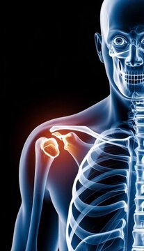 Medical Illustration of Shoulder Pain Showing Bone Anatomy and Red Highlight on Skeleton