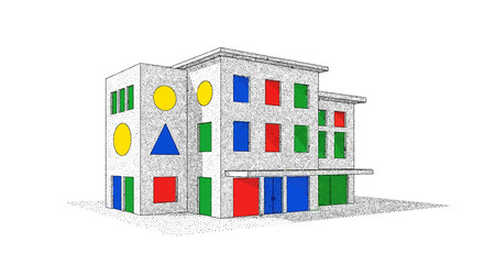 Hand Drawn Building with Colorful Geometric Decoration Illustration.