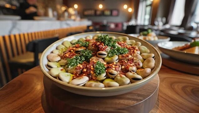 Serving Fava Bean Dish Topped with Herbs and Chili Flakes on Restaurant Table
