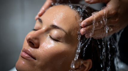 Fototapeta premium A woman enjoys a calming Japanese head spa session as gentle water streams cleanse and massage her scalp