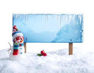 Snowman with frozen billboard in winter landscape