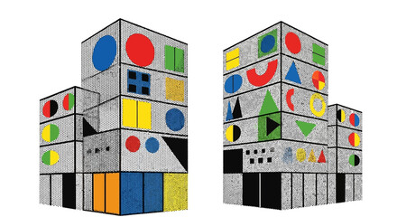 Geometric Buildings with Colorful Shapes and Designs.